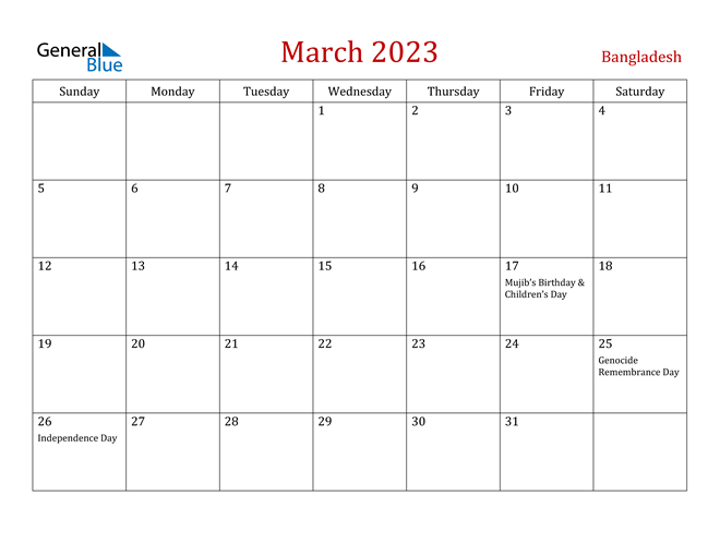 Bangladesh March 2023 Calendar