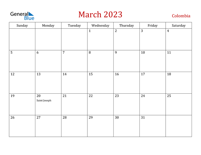 Colombia March 2023 Calendar