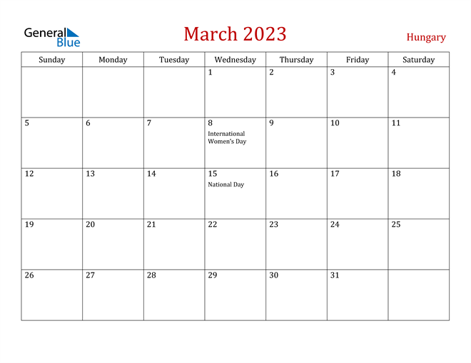 Hungary March 2023 Calendar
