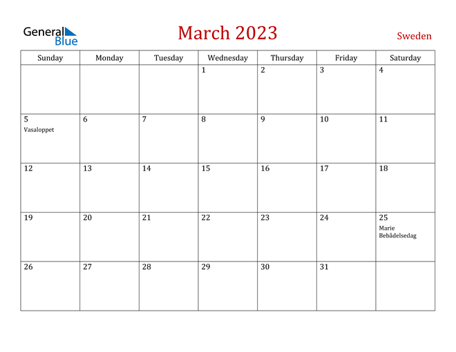 Sweden March 2023 Calendar