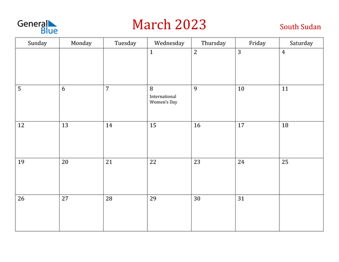 Womens March 2023 Calendar South Sudan March 2023 Calendar With Holidays