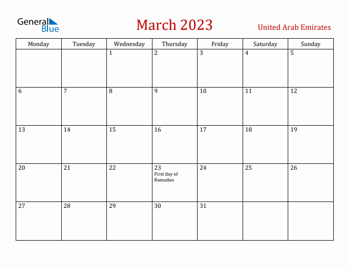 United Arab Emirates March 2023 Calendar - Monday Start