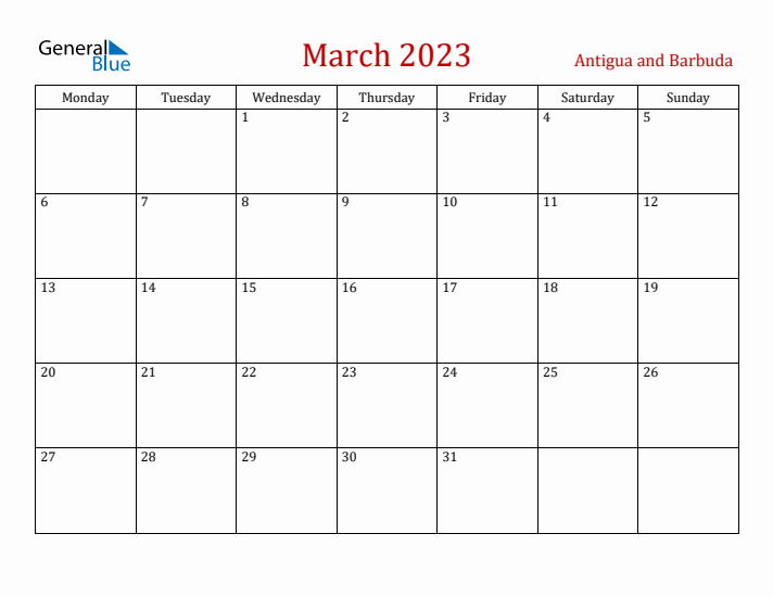 Antigua and Barbuda March 2023 Calendar - Monday Start