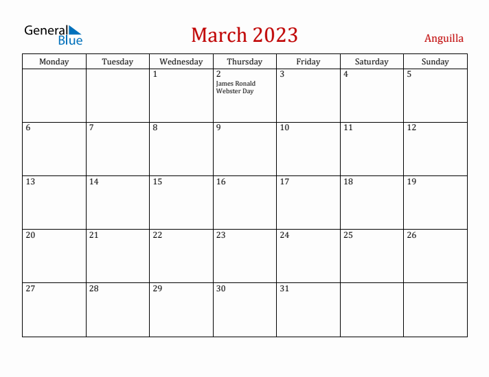 Anguilla March 2023 Calendar - Monday Start