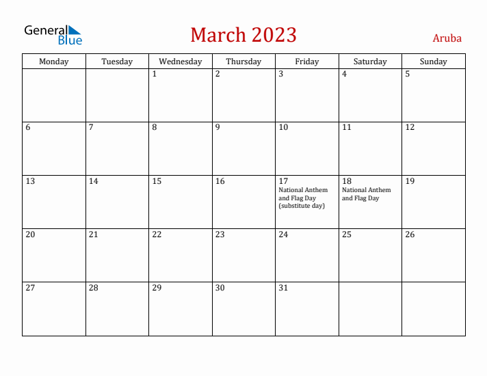 Aruba March 2023 Calendar - Monday Start