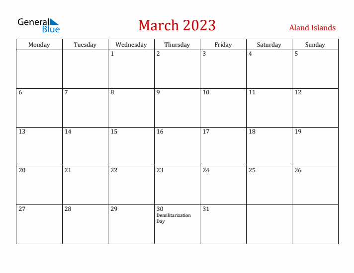 Aland Islands March 2023 Calendar - Monday Start