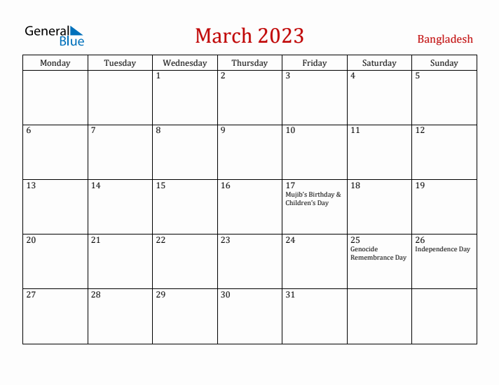 Bangladesh March 2023 Calendar - Monday Start