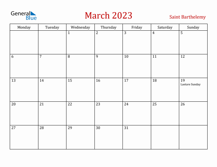 Saint Barthelemy March 2023 Calendar - Monday Start