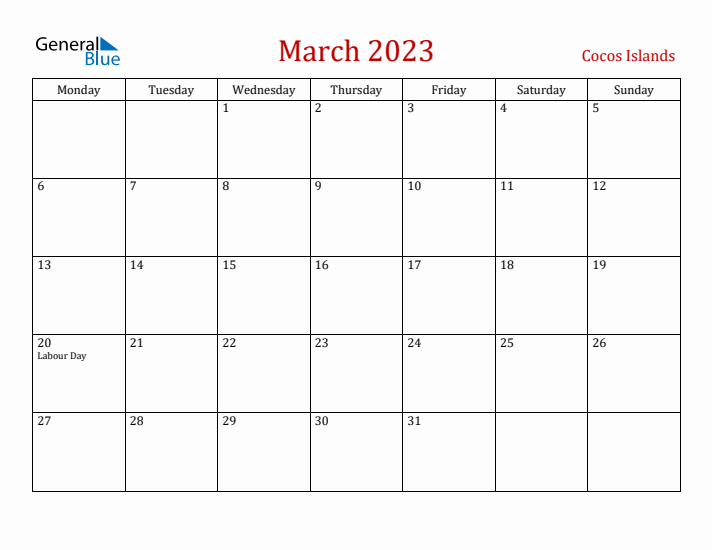 Cocos Islands March 2023 Calendar - Monday Start
