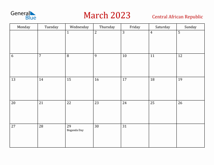 Central African Republic March 2023 Calendar - Monday Start