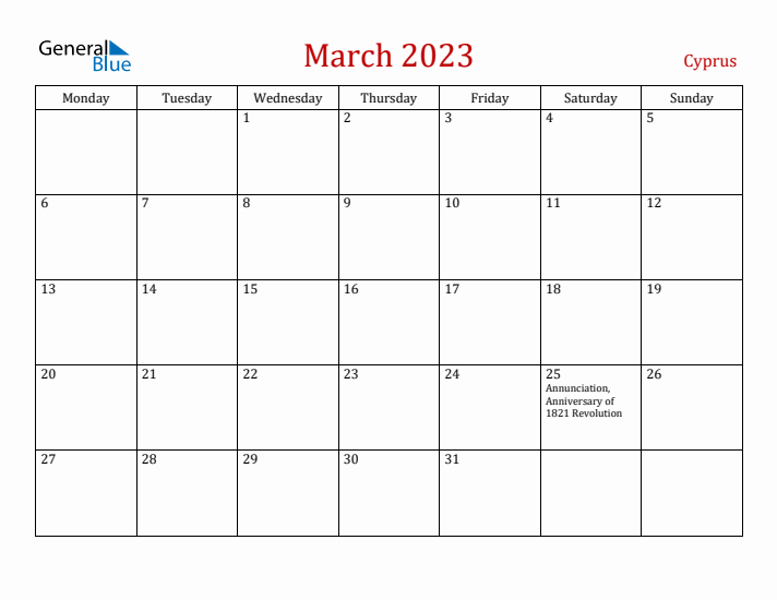 Cyprus March 2023 Calendar - Monday Start