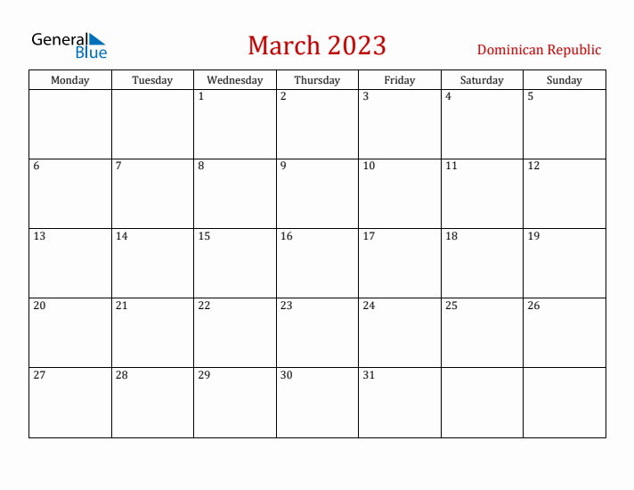 Dominican Republic March 2023 Calendar - Monday Start