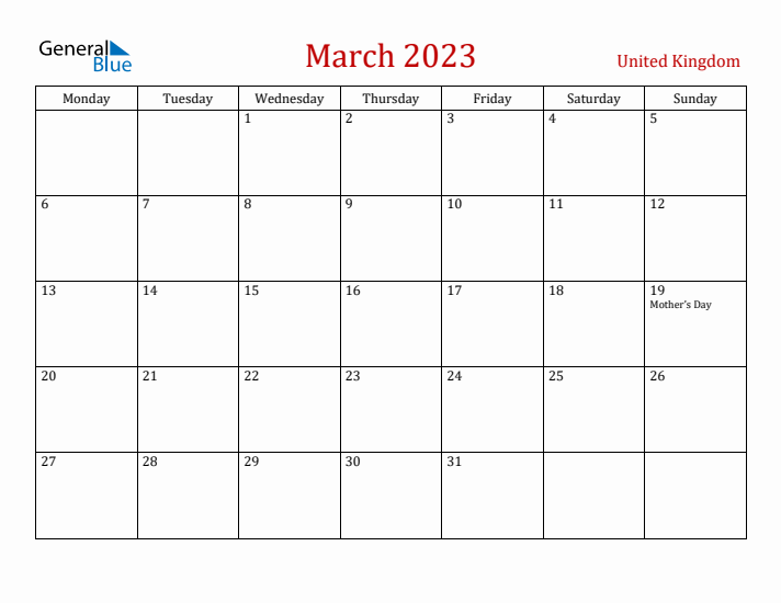 United Kingdom March 2023 Calendar - Monday Start