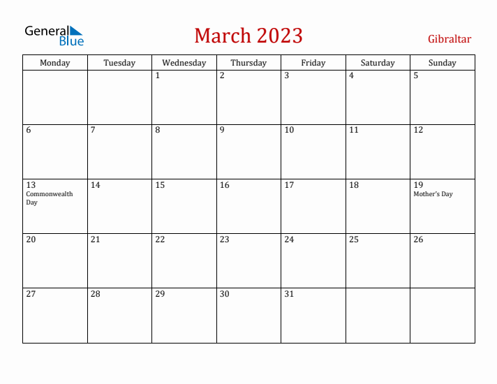 Gibraltar March 2023 Calendar - Monday Start
