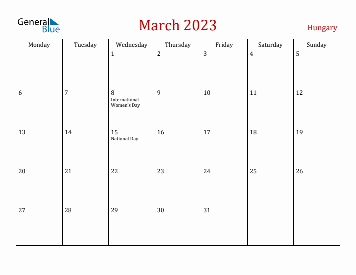 Hungary March 2023 Calendar - Monday Start