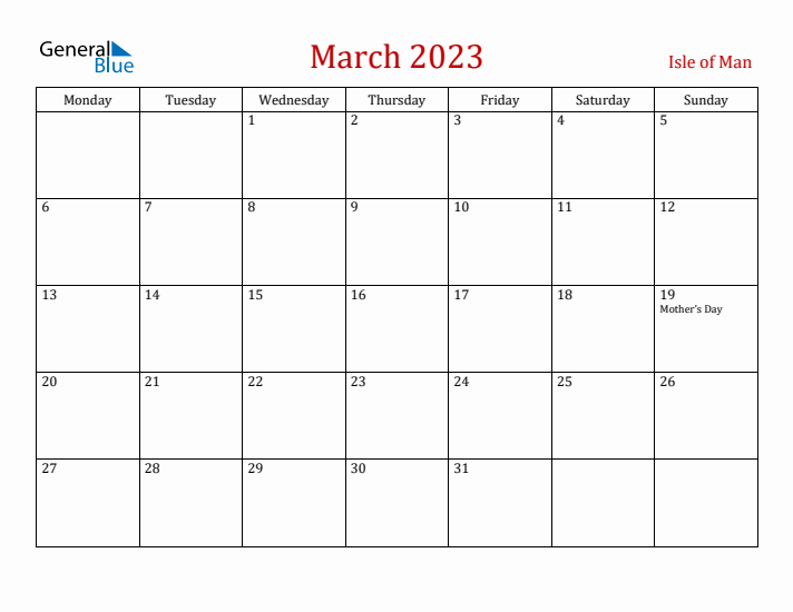 Isle of Man March 2023 Calendar - Monday Start