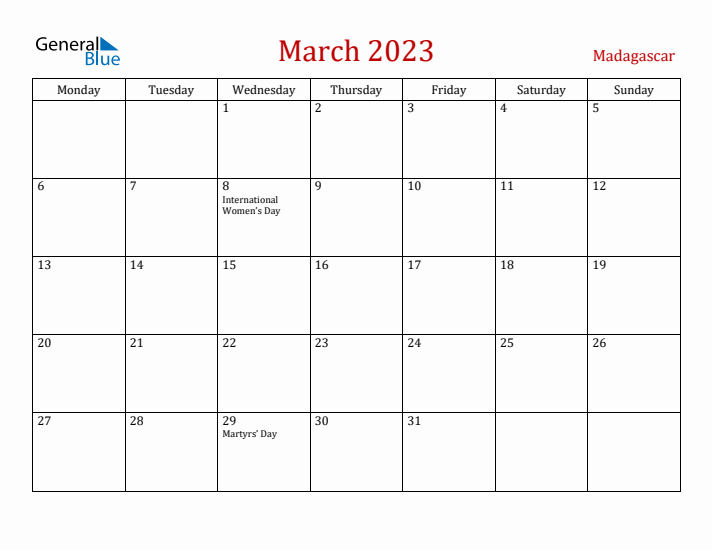Madagascar March 2023 Calendar - Monday Start