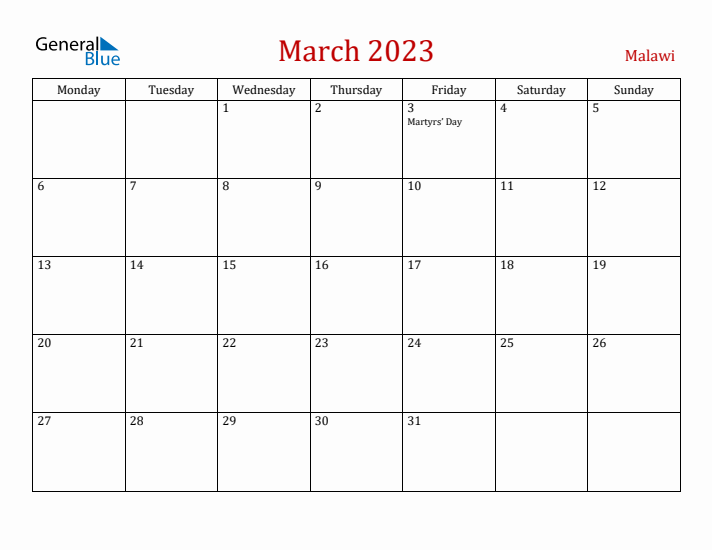 Malawi March 2023 Calendar - Monday Start