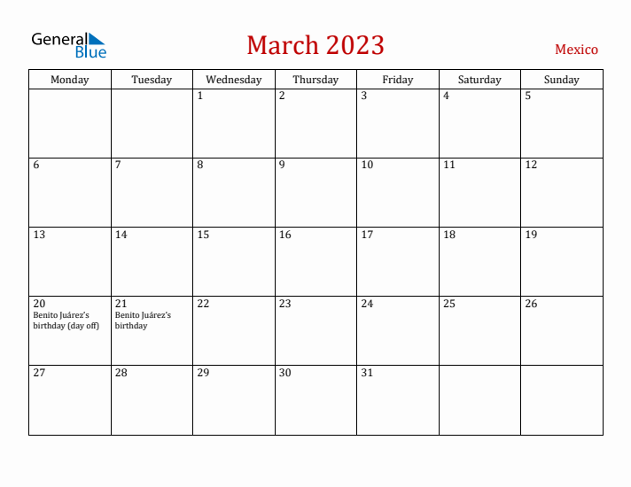 Mexico March 2023 Calendar - Monday Start