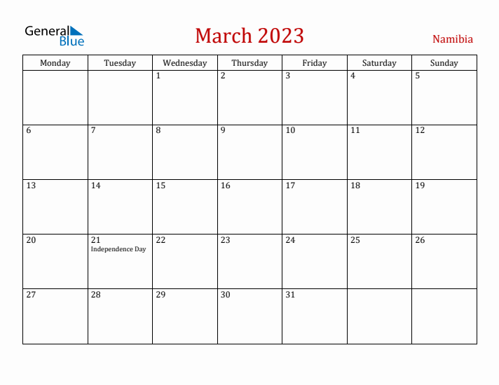 Namibia March 2023 Calendar - Monday Start