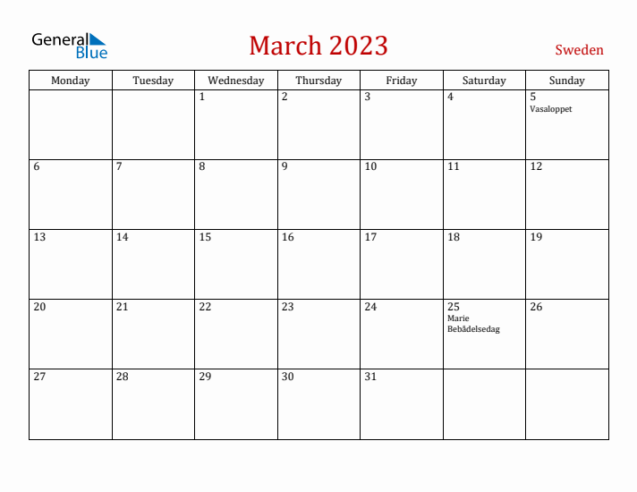 Sweden March 2023 Calendar - Monday Start