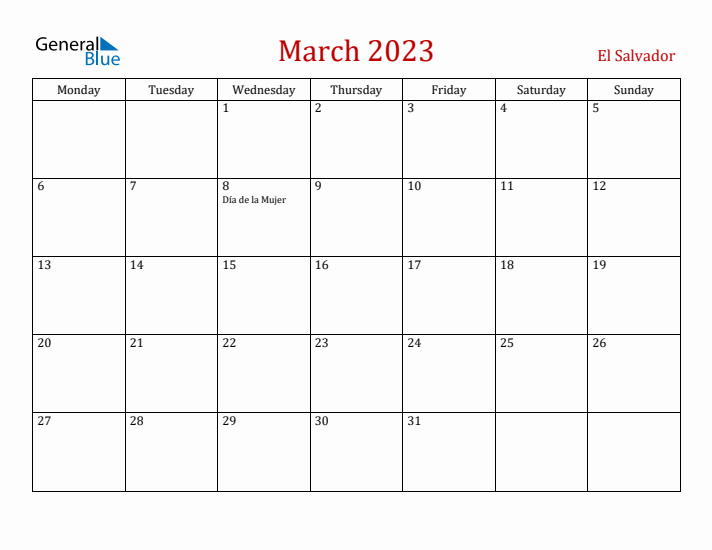 El Salvador March 2023 Calendar - Monday Start