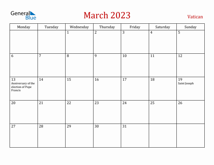 Vatican March 2023 Calendar - Monday Start