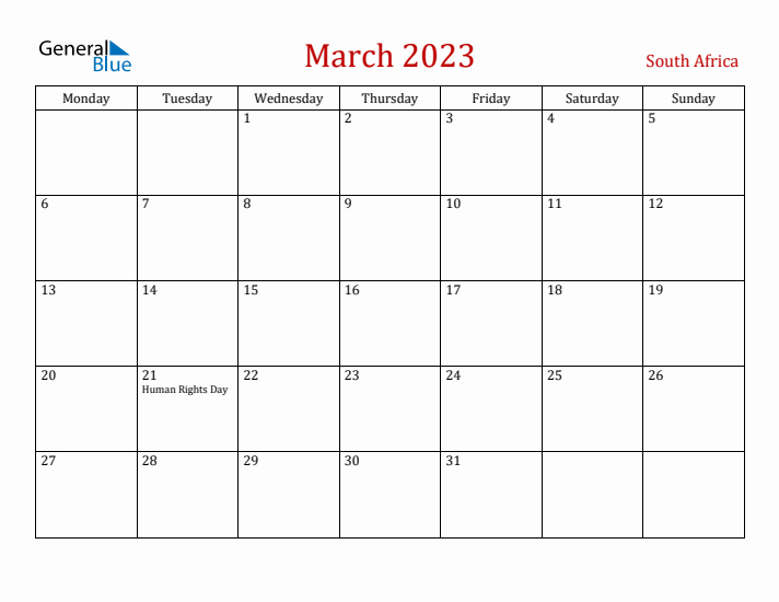 South Africa March 2023 Calendar - Monday Start