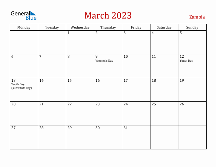 Zambia March 2023 Calendar - Monday Start