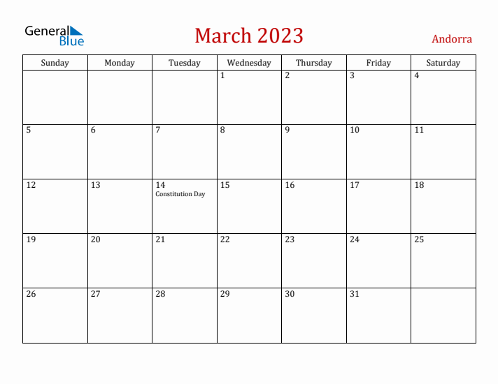 Andorra March 2023 Calendar - Sunday Start