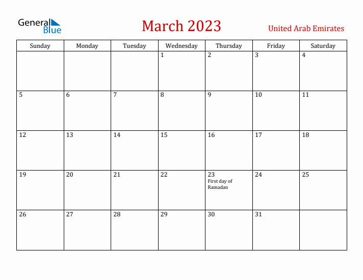 United Arab Emirates March 2023 Calendar - Sunday Start