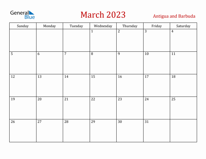 Antigua and Barbuda March 2023 Calendar - Sunday Start