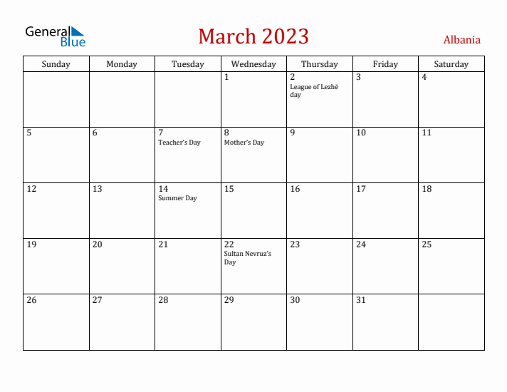 Albania March 2023 Calendar - Sunday Start