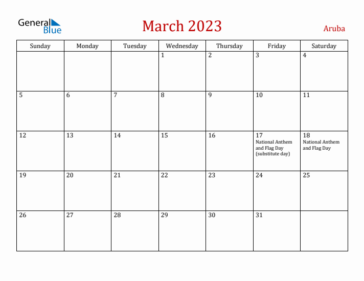 Aruba March 2023 Calendar - Sunday Start