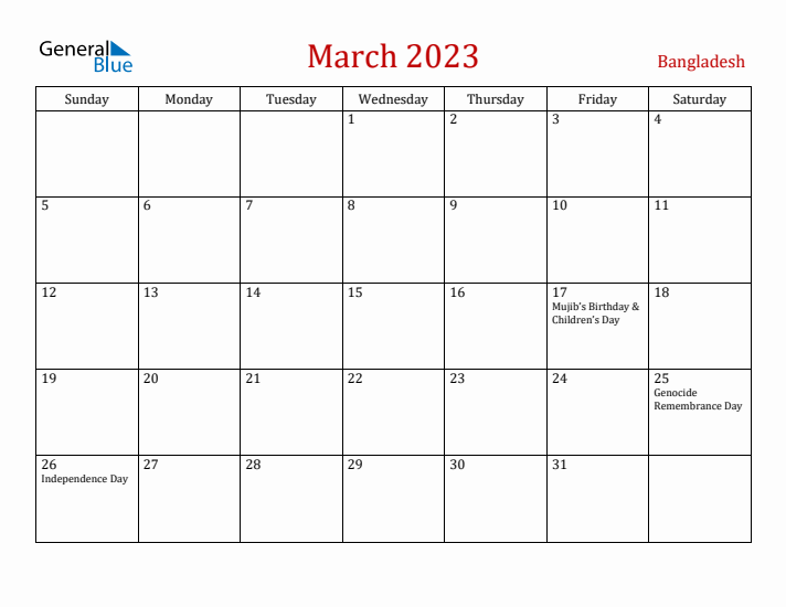 Bangladesh March 2023 Calendar - Sunday Start