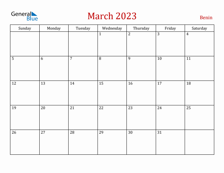 Benin March 2023 Calendar - Sunday Start