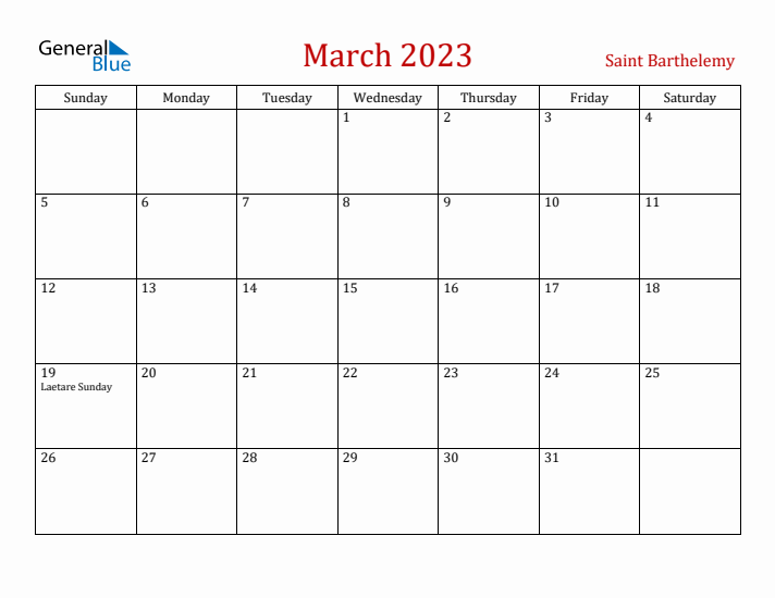 Saint Barthelemy March 2023 Calendar - Sunday Start