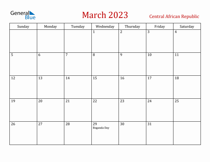 Central African Republic March 2023 Calendar - Sunday Start