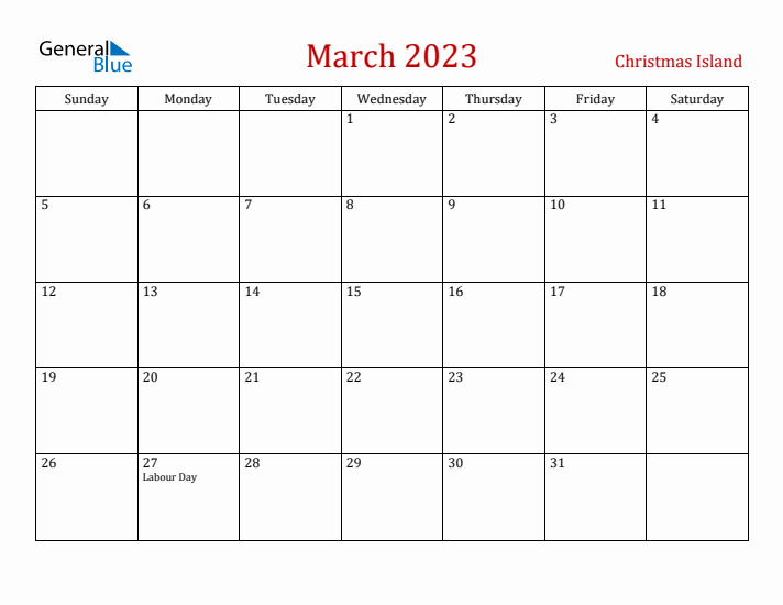 Christmas Island March 2023 Calendar - Sunday Start