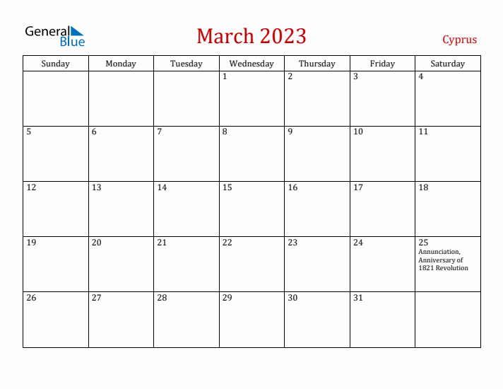 Cyprus March 2023 Calendar - Sunday Start