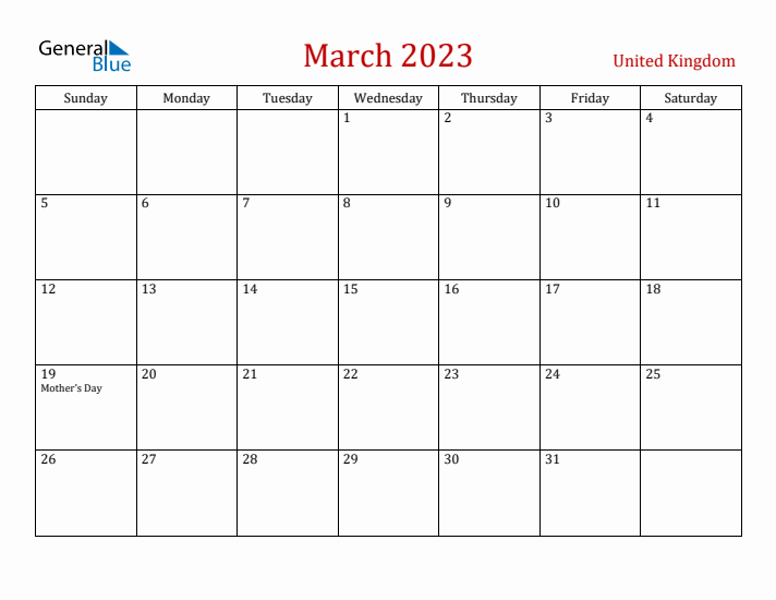 United Kingdom March 2023 Calendar - Sunday Start