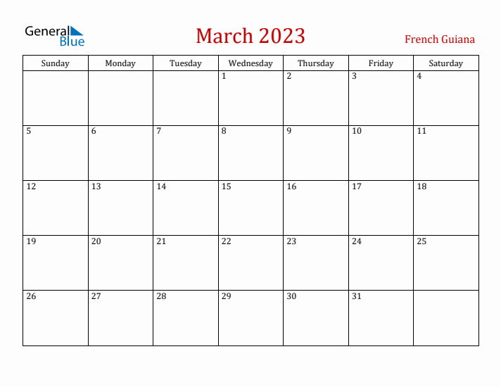 French Guiana March 2023 Calendar - Sunday Start