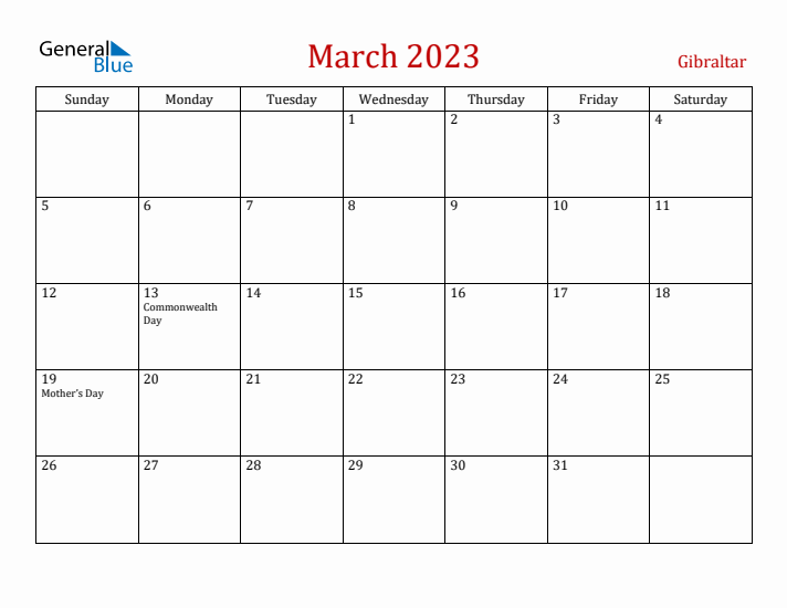 Gibraltar March 2023 Calendar - Sunday Start