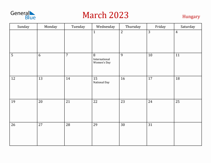 Hungary March 2023 Calendar - Sunday Start