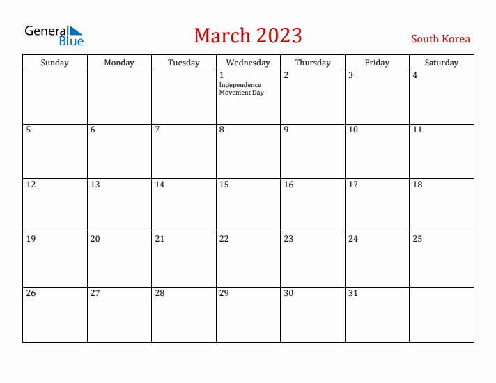 South Korea March 2023 Calendar - Sunday Start