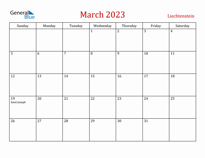 Liechtenstein March 2023 Calendar - Sunday Start