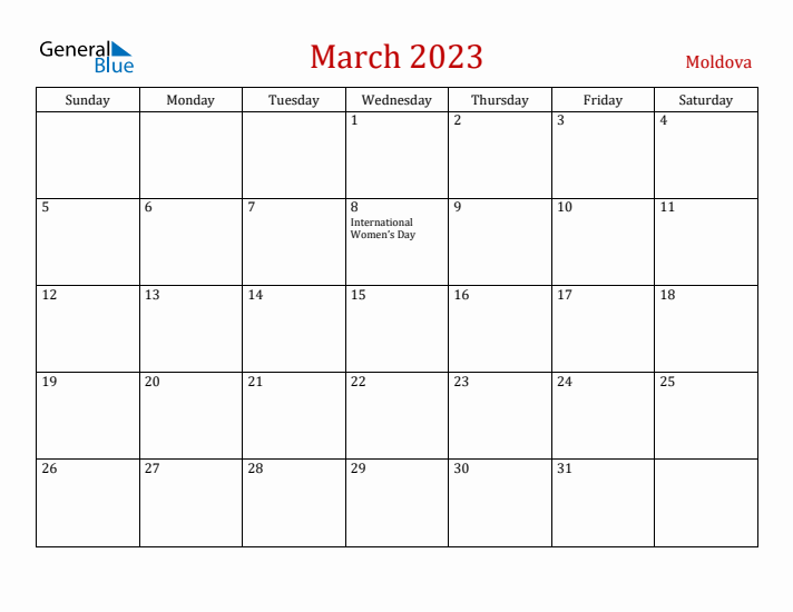 Moldova March 2023 Calendar - Sunday Start