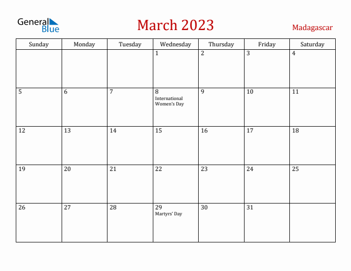Madagascar March 2023 Calendar - Sunday Start