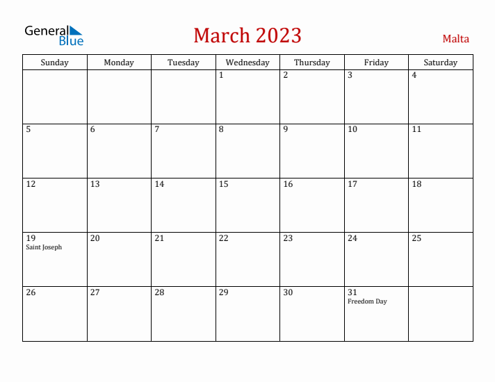 Malta March 2023 Calendar - Sunday Start