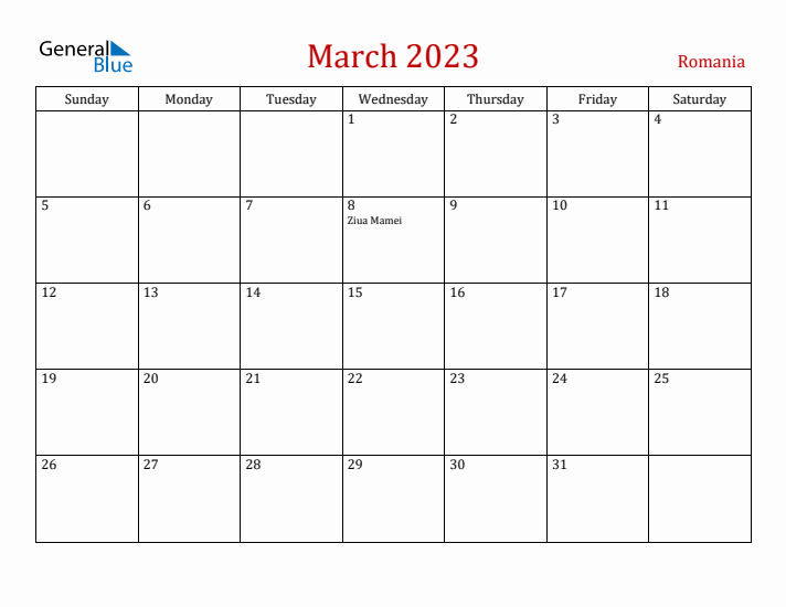 Romania March 2023 Calendar - Sunday Start